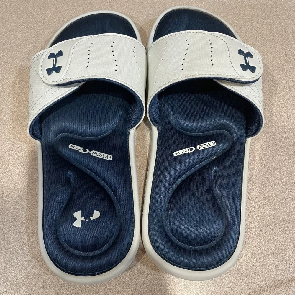 Under Armour Ignite VI Slides White Navy Blue 4D Foam Sandals 3022717-103 Size 6